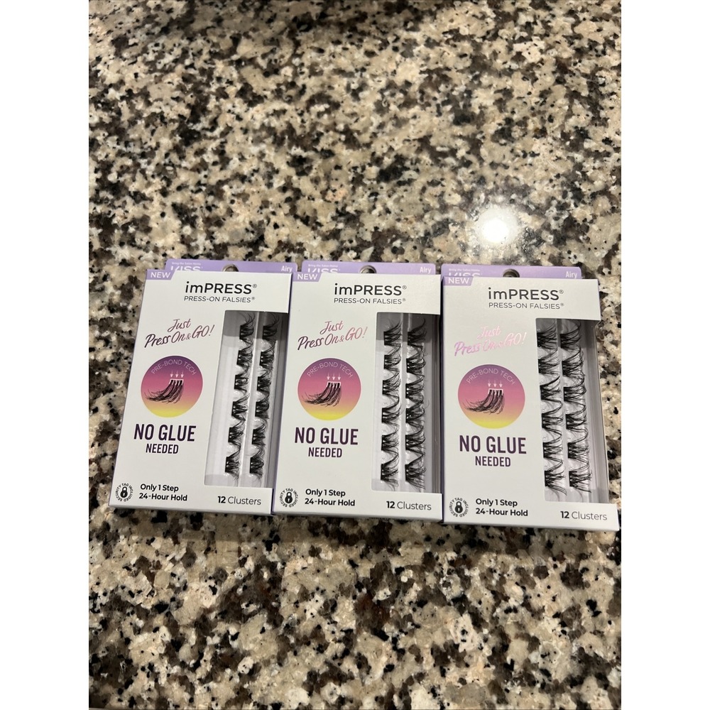 KISS imPress Falsies Eye Lashes Airy Wispy Vol 12 Clusters No Glue Lot Of 3 New